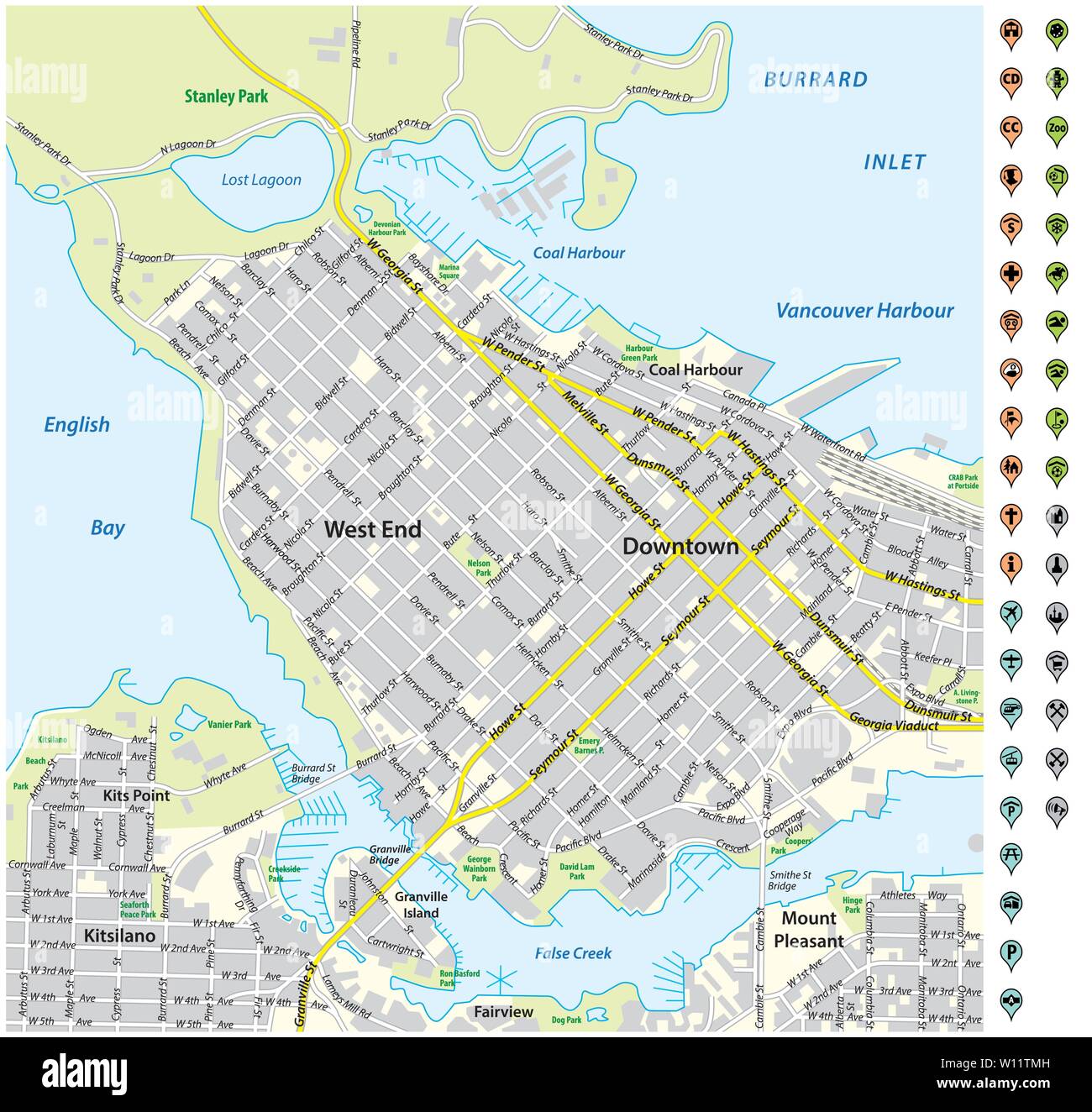 street map of downtown Vancouver with pin pointers and infrastructure icons Stock Vector