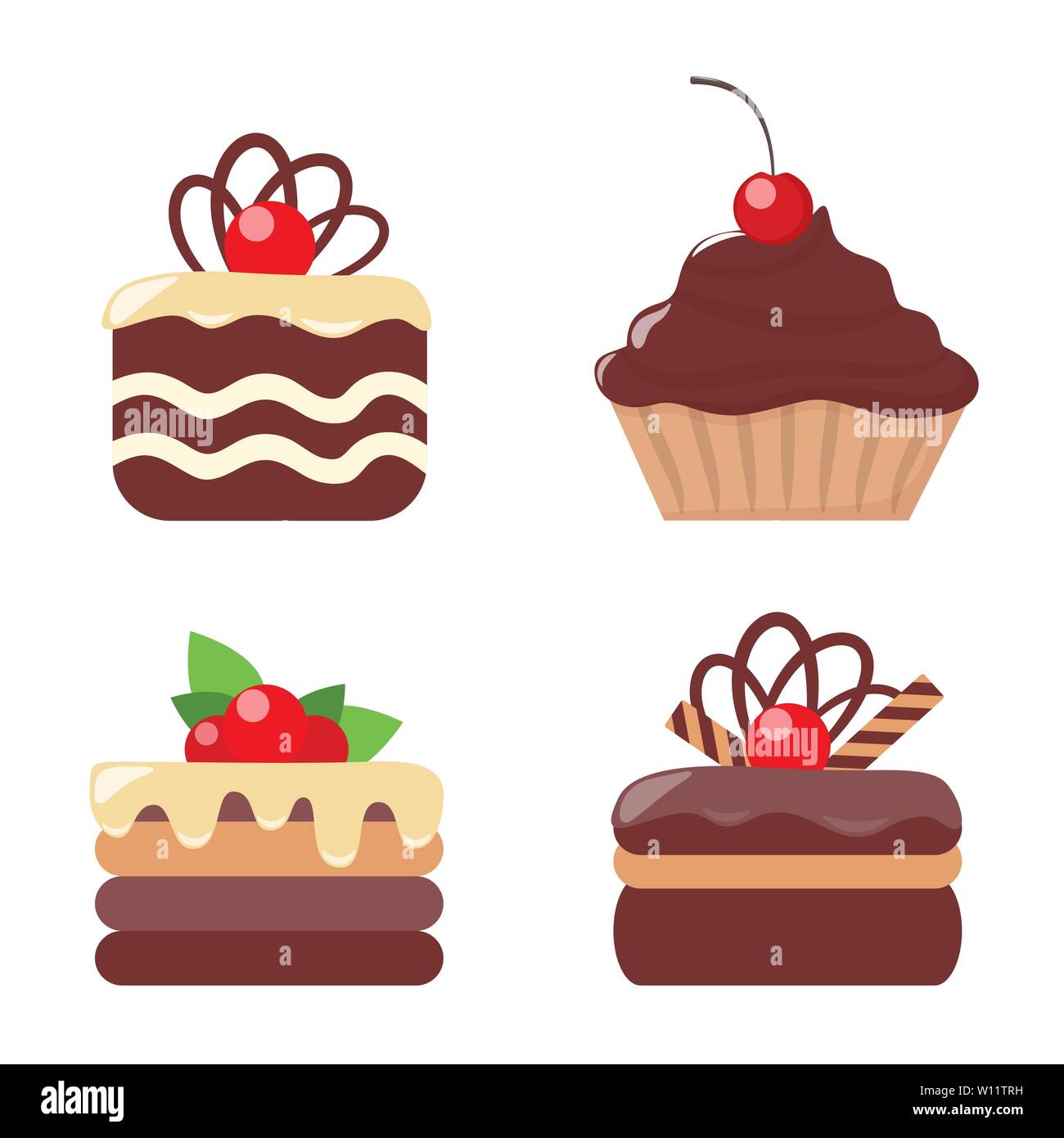 Cakes, set. Cookies and biscuits icons. Various pastry snack food. Chocolate and vanilla cookies with creame and berries. Stock Vector