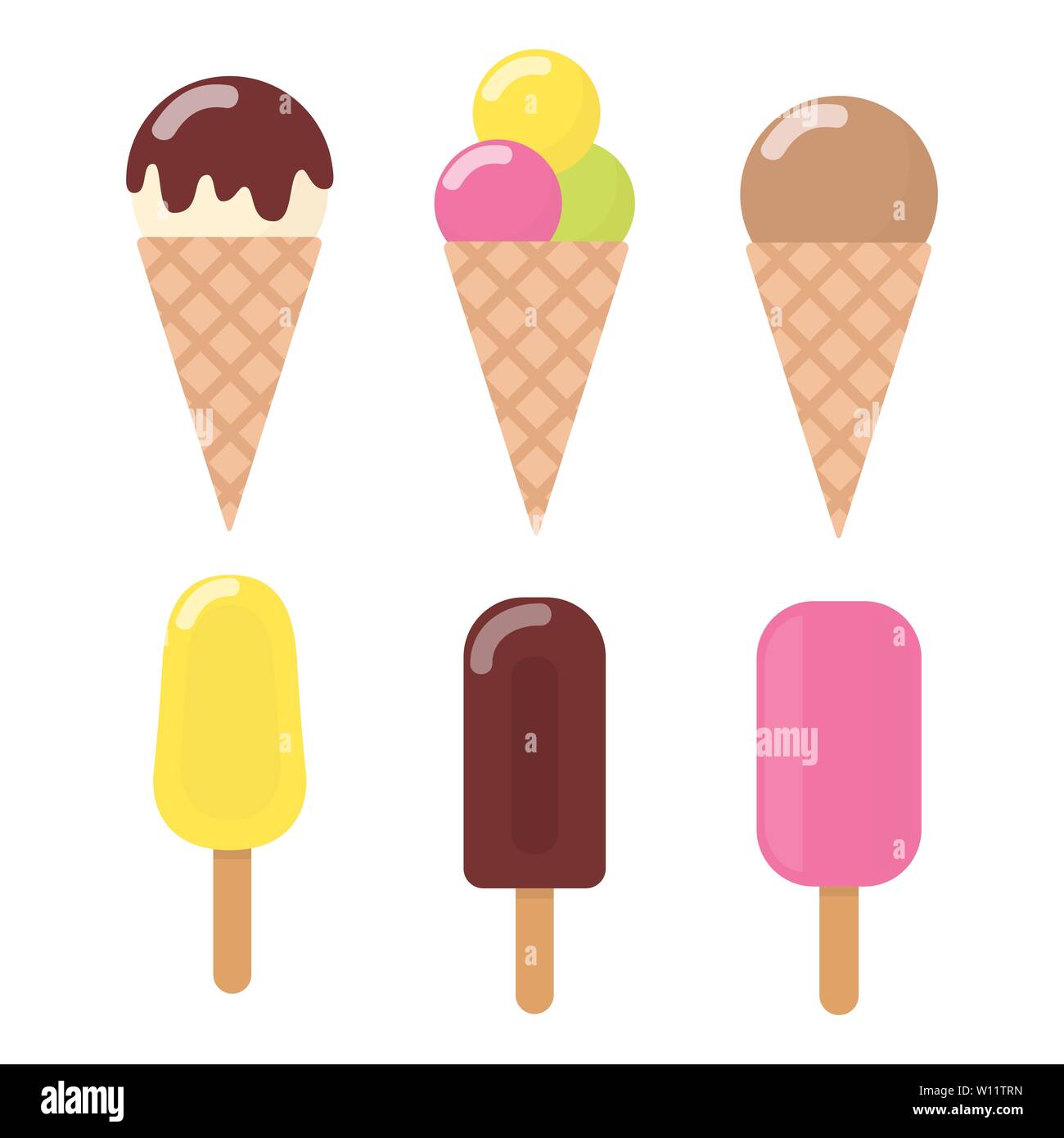 Collection ice cream cones and Popsicle with different topping. Chocolate, fruit, vanilla, ice cream. Stock Vector