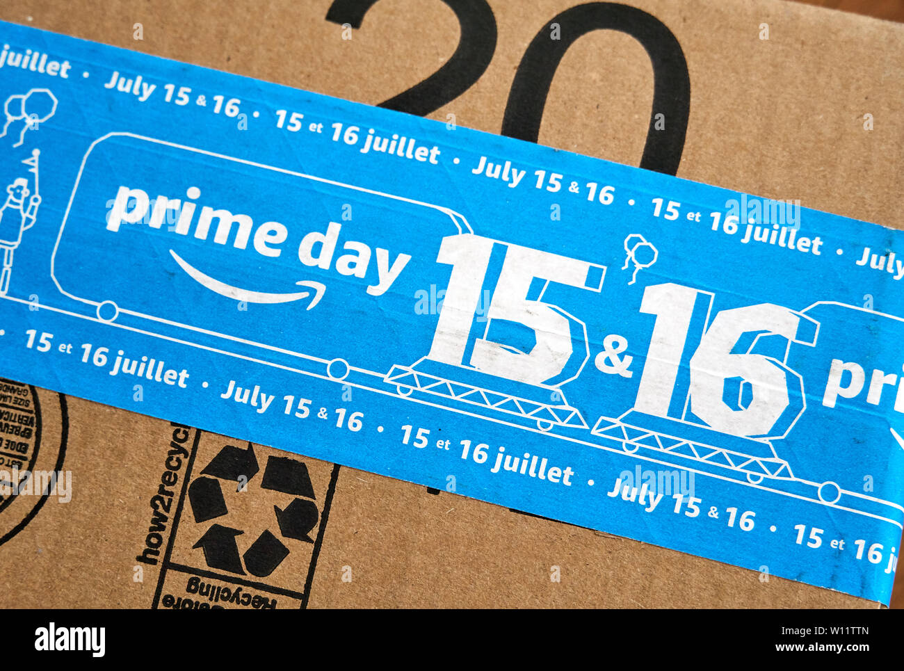 MONTREAL, CANADA JUNE 28, 2019 Amazon Prime Day 2019 cardboard box