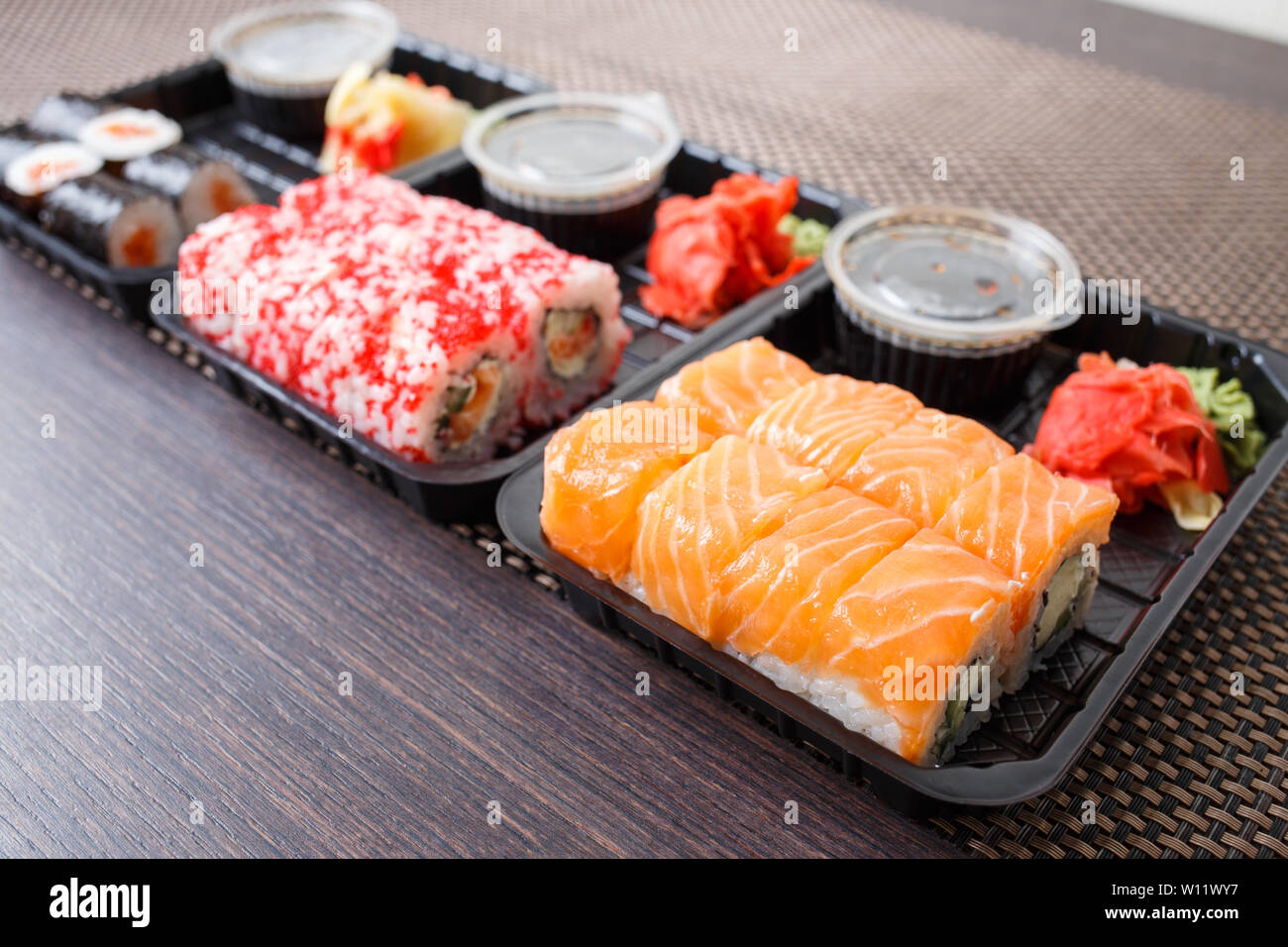 Takeaway sushi set fast food delivery close up concept image Stock Photo