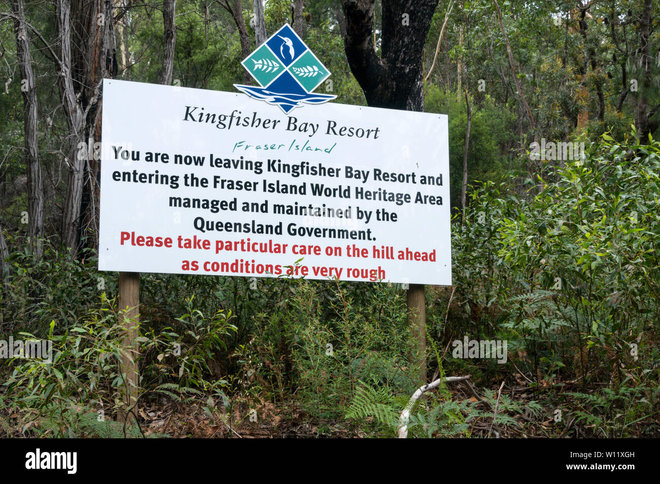 A notice at the beginning  of the rough track leading into the rain forest at  Kingfisher Bay resort on Fraser Island, Queensland, Australia Stock Photo