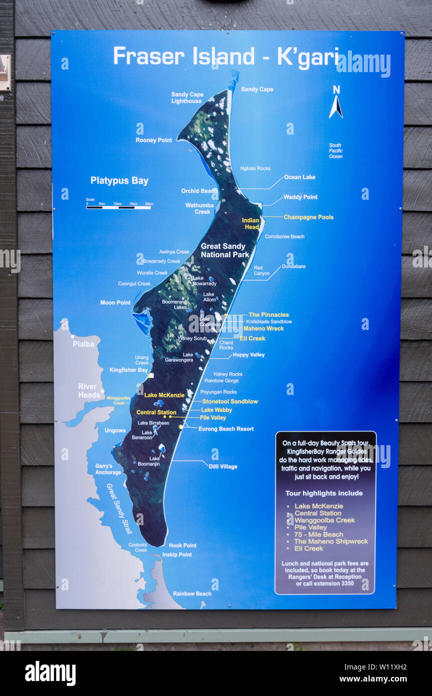 A large wall map of Fraser Island, Queensland, Australia  Fraser Island is a World Heritage site and is the world's biggest sand island. Stock Photo