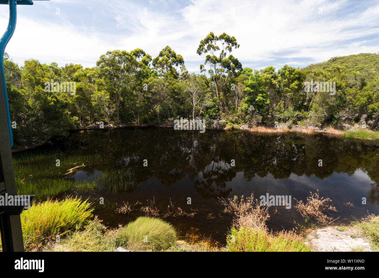 A large blackened billabong surrounded by rainforests in the grounds of the Kingfisher Bay resort on Fraser Island, Australia  Fraser Island is a Worl Stock Photo