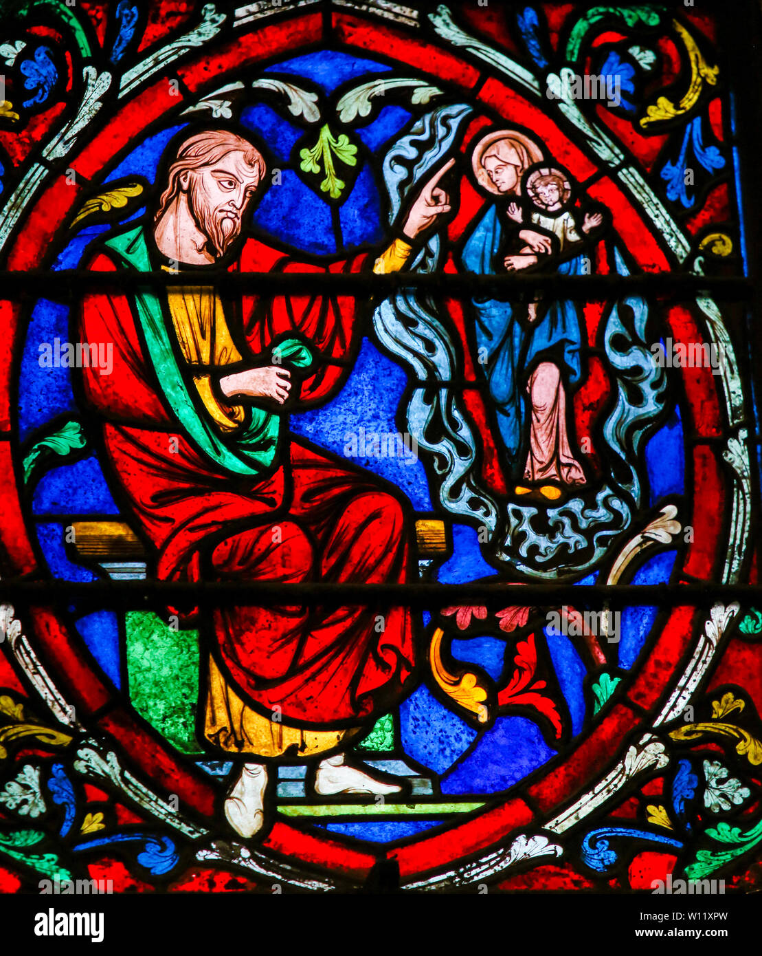 Stained Glass in the Cathedral of Notre Dame, Paris, France, depicting a part of the Tree of Jesse, the ancestors of Jesus Christ Stock Photo