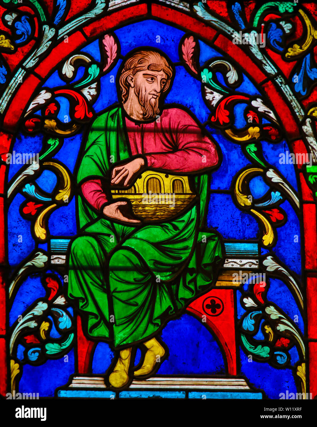 Stained Glass in the Cathedral of Notre Dame, Paris, France, depicting Noah and his Ark Stock Photo