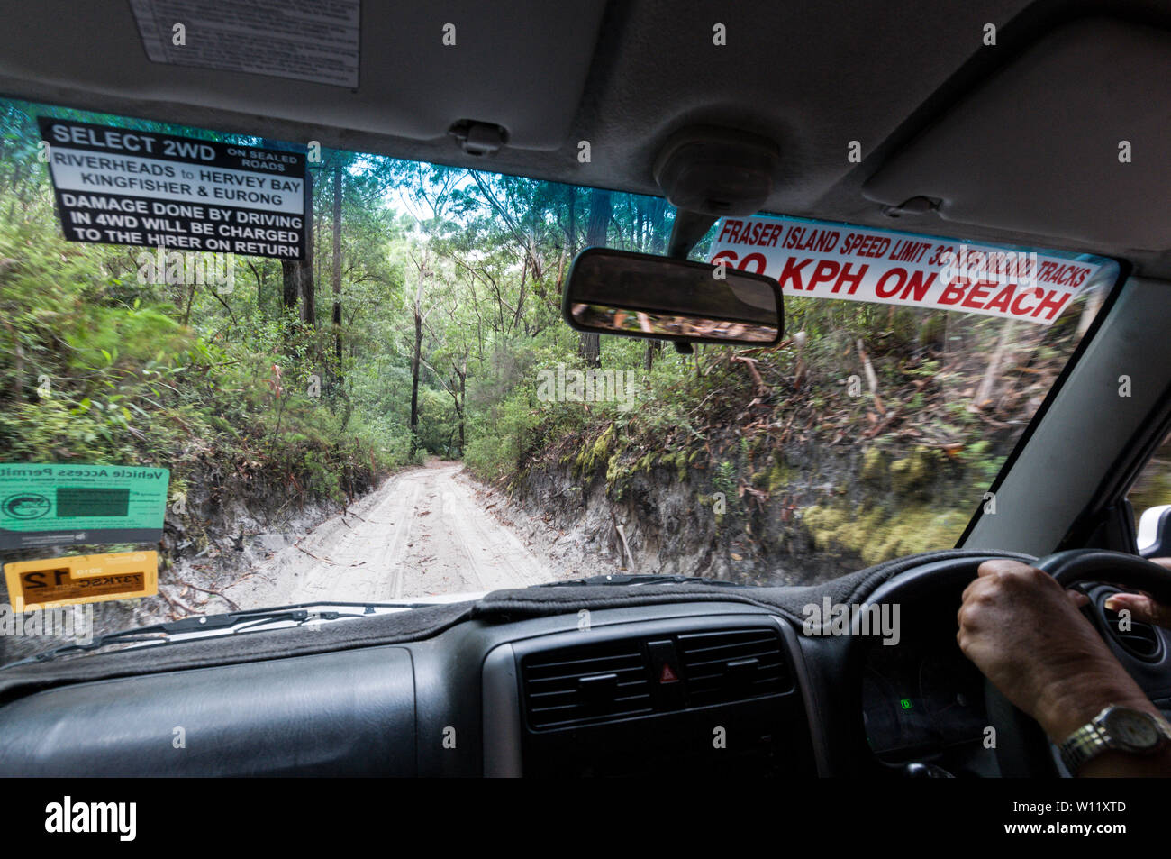 Driving in a hired 4x4 vehicle along a sandy track deep in the rain forest on Fraser island in Queensland, Australia Stock Photo