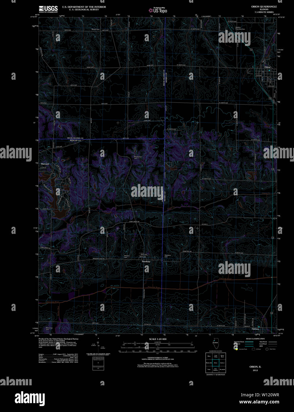 USGS TOPO Map Illinois IL Orion 20120820 TM Inverted Restoration Stock Photo