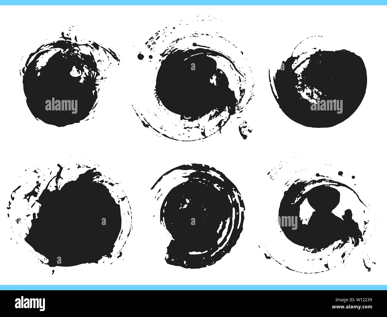 Brush strokes. Vector paintbrush set. Round grunge design elements. Frames for text. Dirty texture banners. Ink splatters. Painted objects. Stock Vector