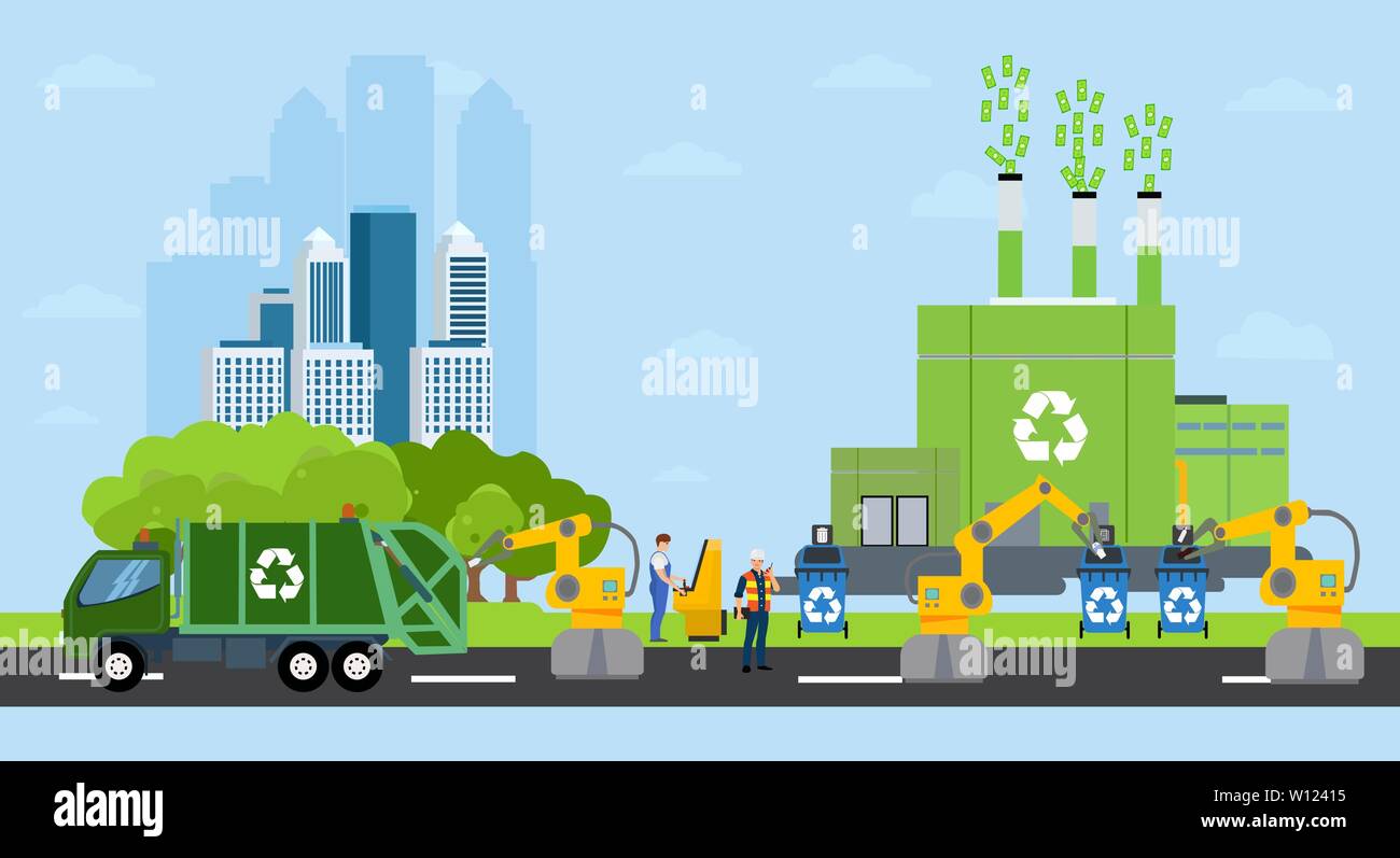 Green city and waste management landscape. Vector of a profitable recycling  factory and automated robot sorting process on a background of eco friendl  Stock Vector Image & Art - Alamy