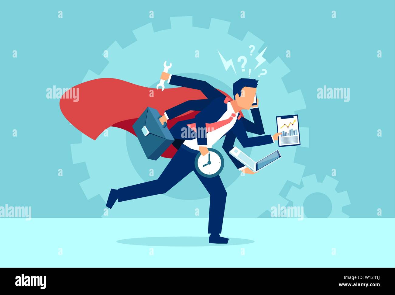 Vector of a business man super hero running in a hurry multitasking. Concept of very busy corporate employee lifestyle Stock Vector