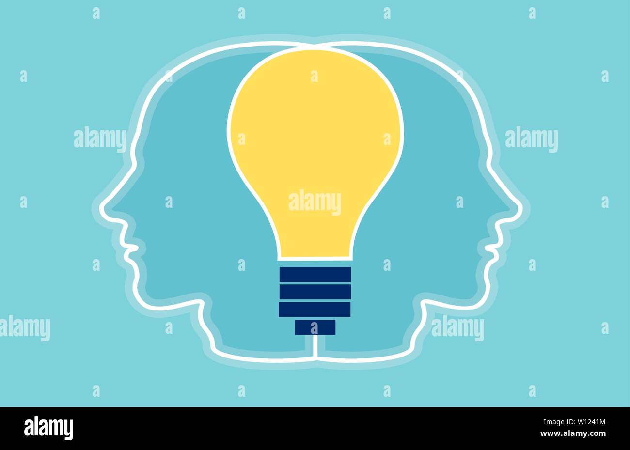 Vector of two heads silhouette with bright light bulb inside connecting them. Creative teamwork concept Stock Vector