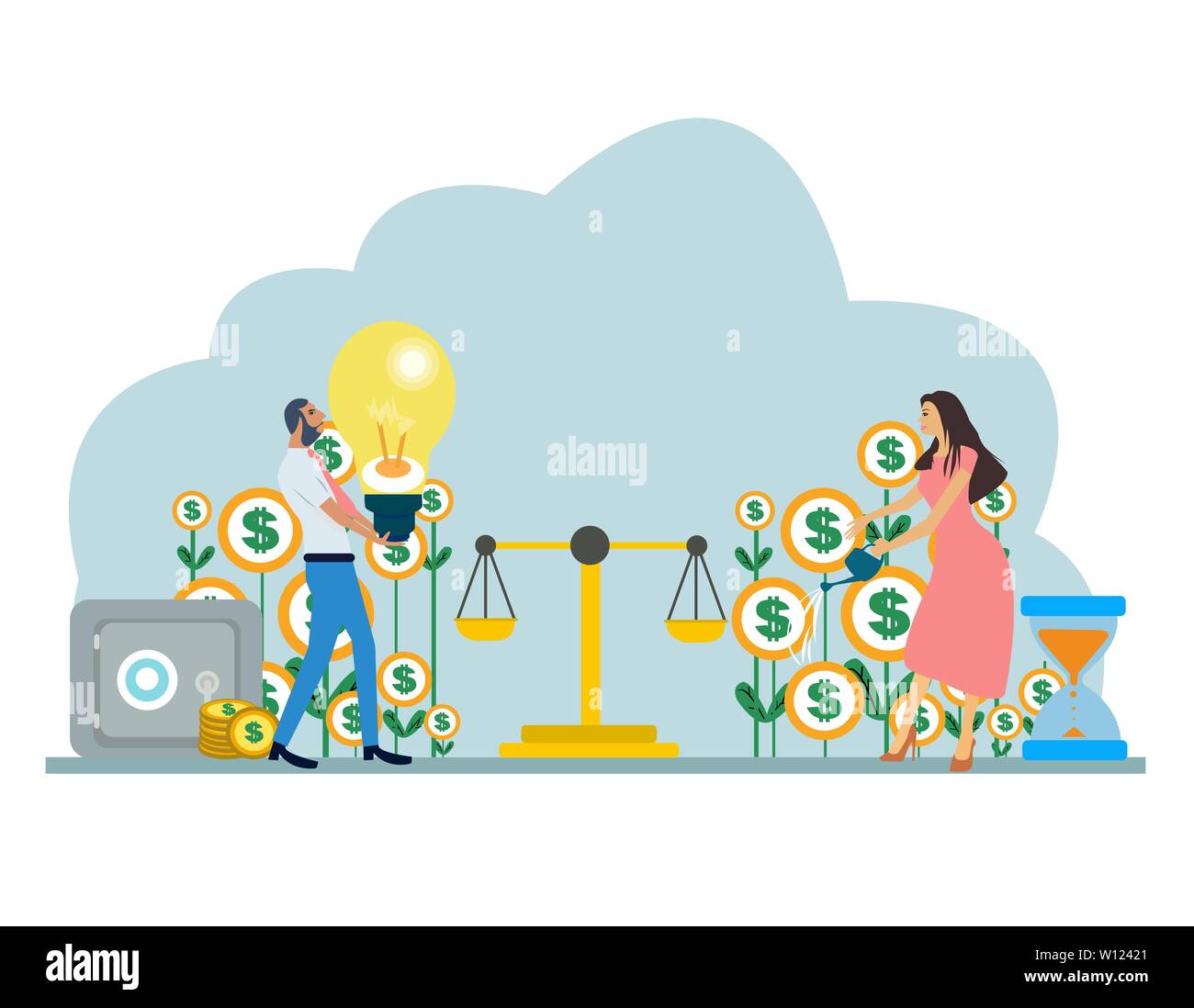 Vector of a young couple businessman and businesswoman balancing family budget and finances Stock Vector