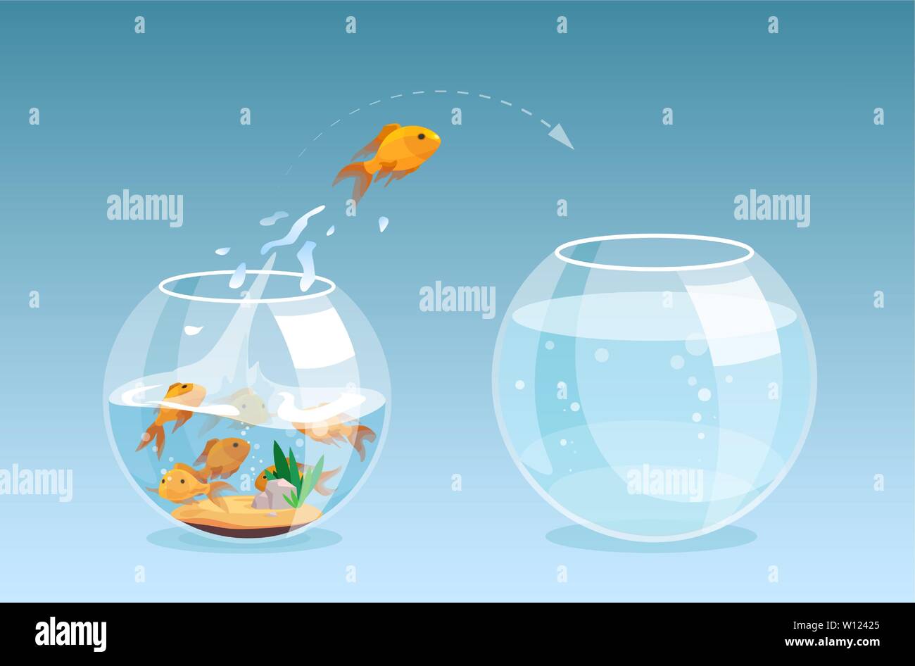 Vector of a goldfish jumping out a fishbowl to another aquarium, better place with clear water Stock Vector