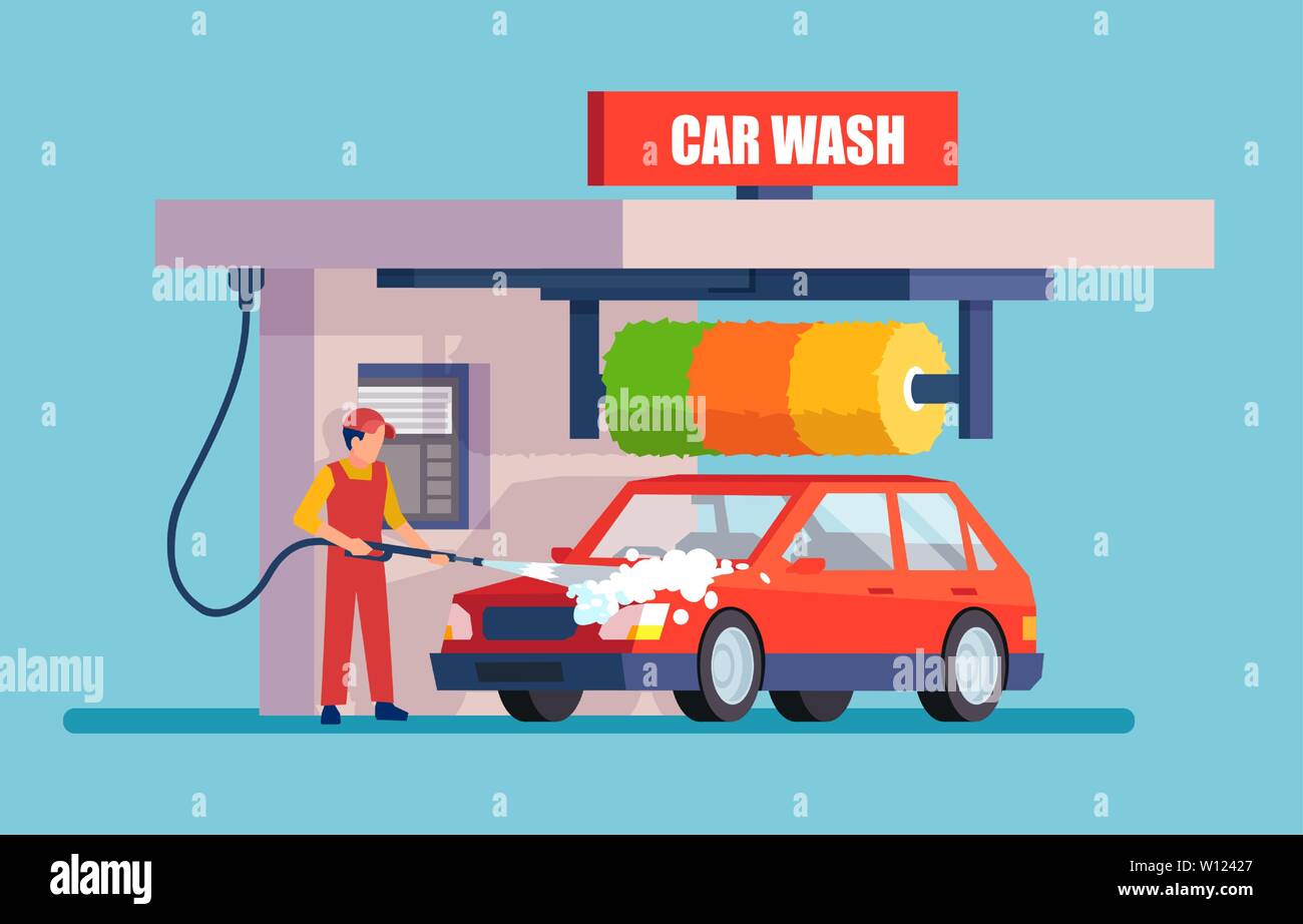 Car washing service. Vector of a man in an uniform washing red car with soap and water. Stock Vector