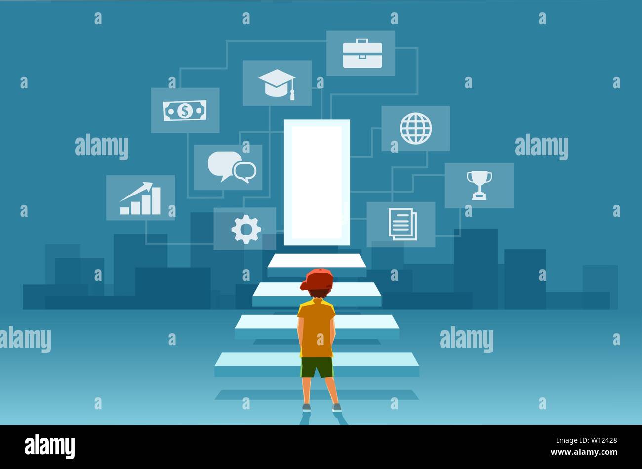 Vector of a child, a boy looking at the stairs leading to the door of modern digital world. Concept of self realization, education and career success Stock Vector