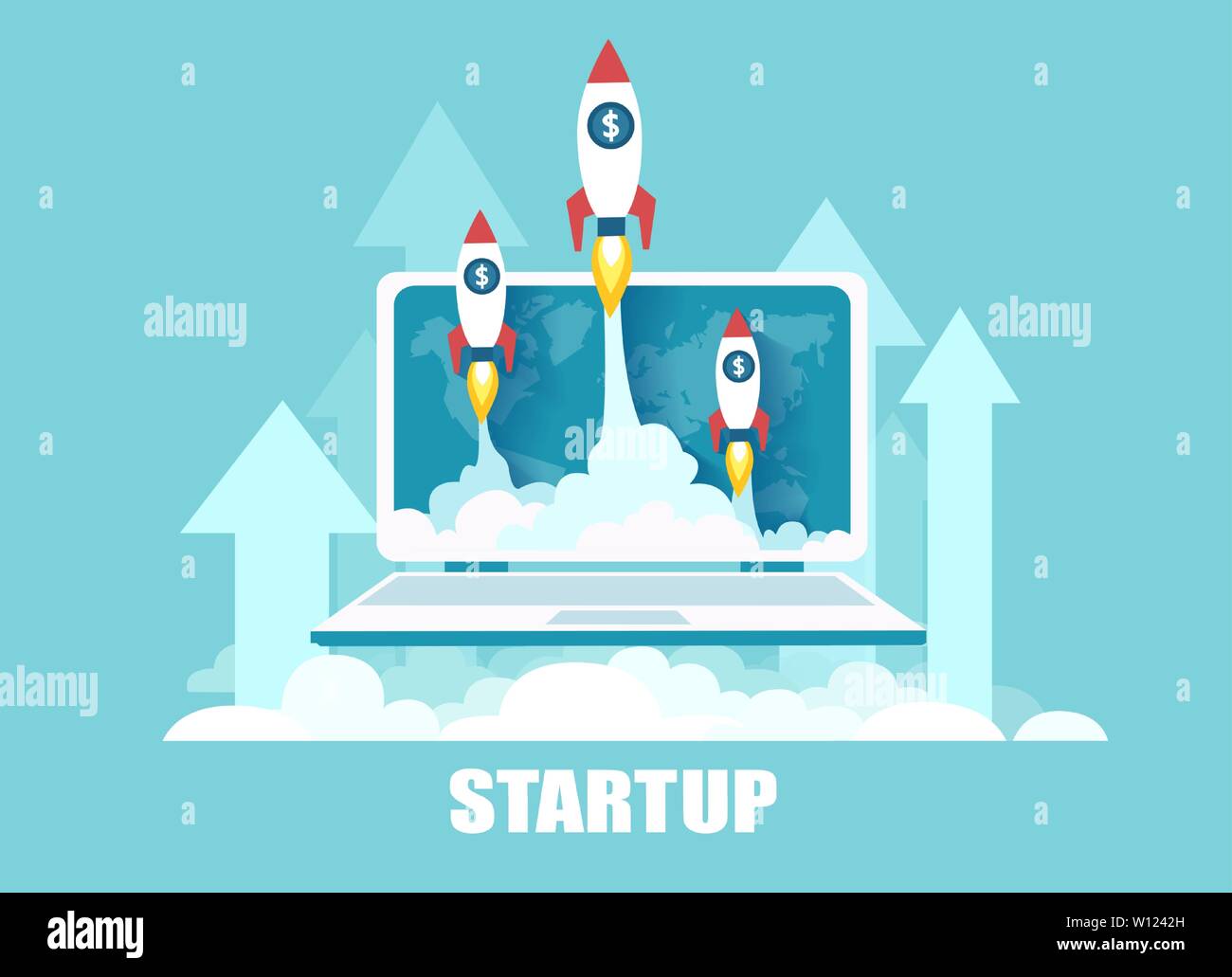 Vector of rockets flying up out of laptop screen as a symbol of successful launch of online startup Stock Vector