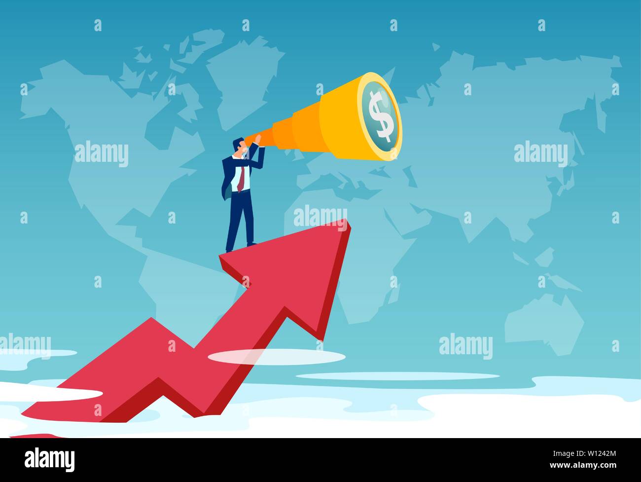 Vector of a businessman standing on the red arrow growing up looking through a telescope searching for new financial global opportunity. Stock Vector