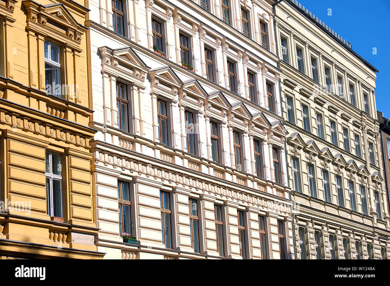 Facades of some renovated old apartment buildings seen in Berlin