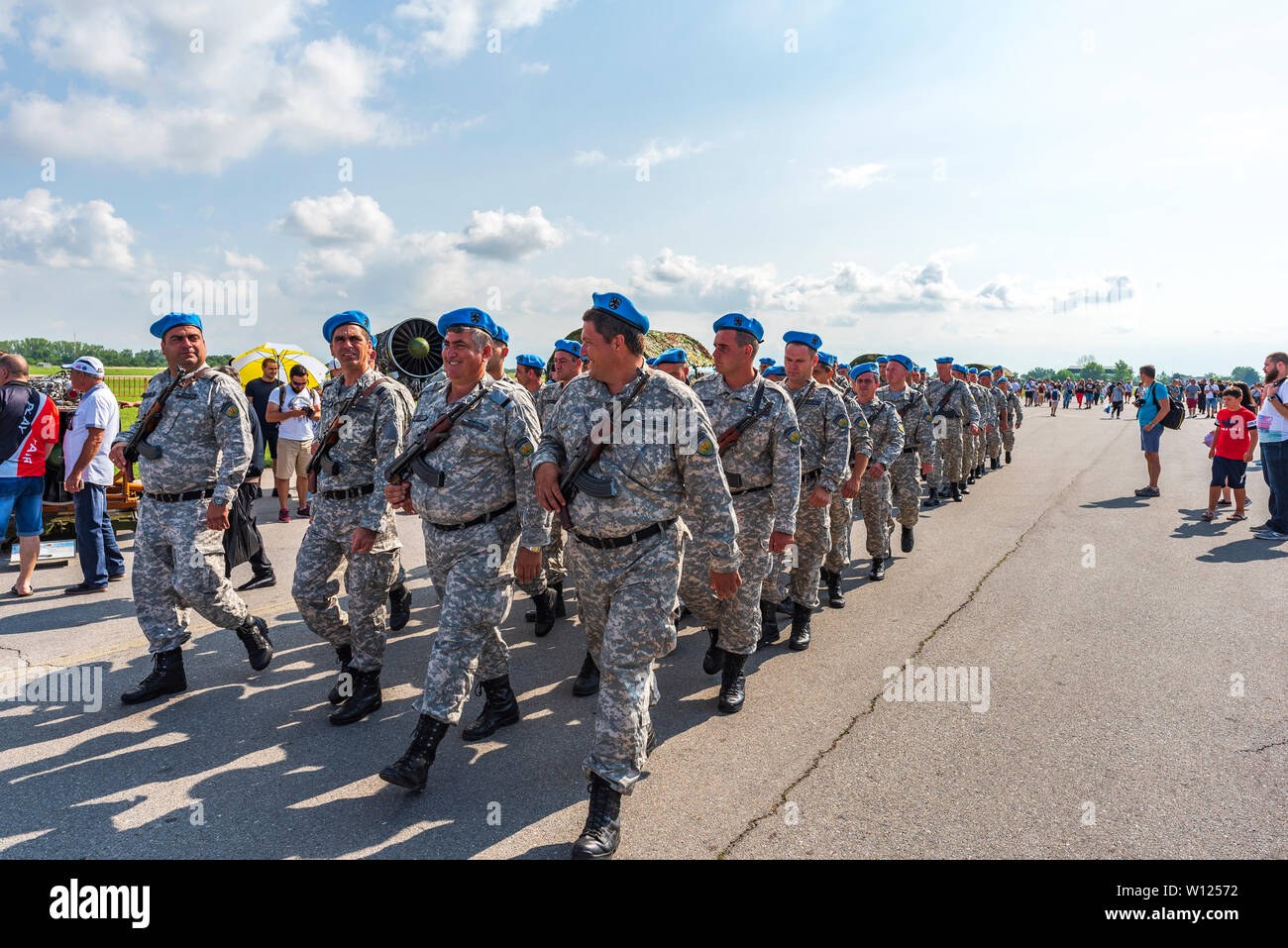 GRAF IGNATIEVO, BULGARIA - JUNE 29 2019: Parade of soldiers from Bulgarian army during pen day for visiting with military equipment exposition and fly Stock Photo