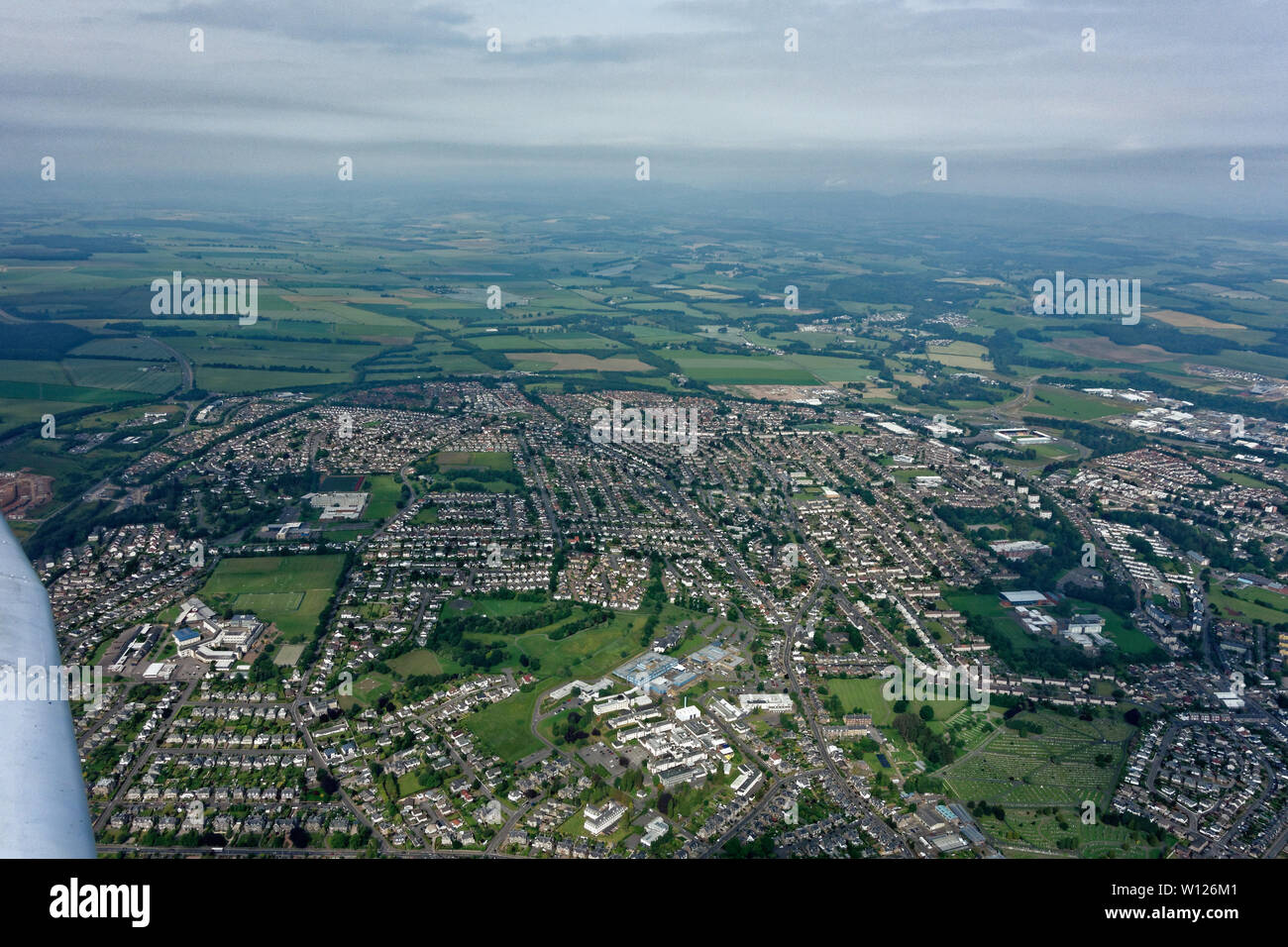 Perth seen from a light aircraft from Perth Airport, Scotland Stock Photo