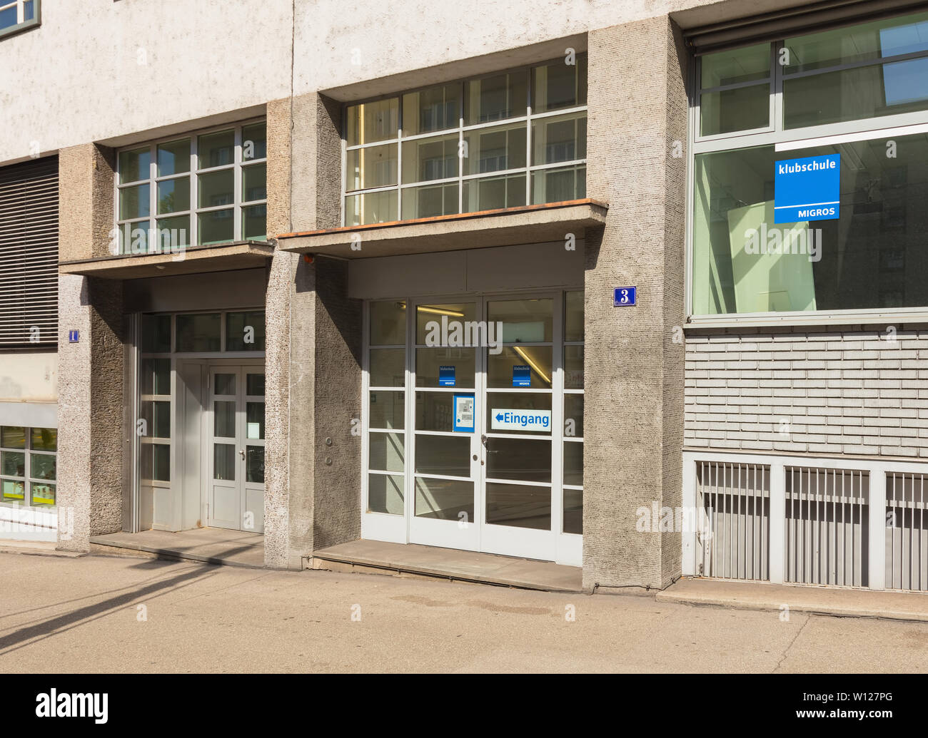 Entrance to the Klubschule Migros at Limmatplatz square in the city of Zurich, Switzerland Stock Photo