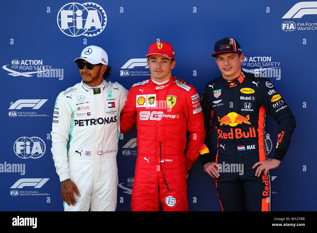 Spielberg Austria 29th June 2019 Top Three Qualifiers Charles Leclerc Of Monaco And Ferrari Lewis Hamilton Of Great Britain And Mercedes Gp And Max Verstappen Of Netherlands And Red Bull Racing Celebrate
