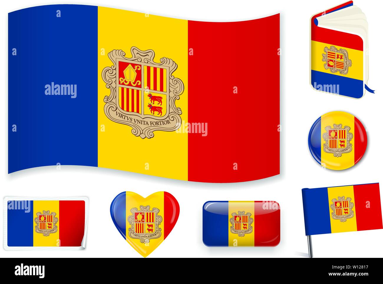 Andorra national flag in wave, book, circle, pin, button, heart and sticker shapes. Stock Vector