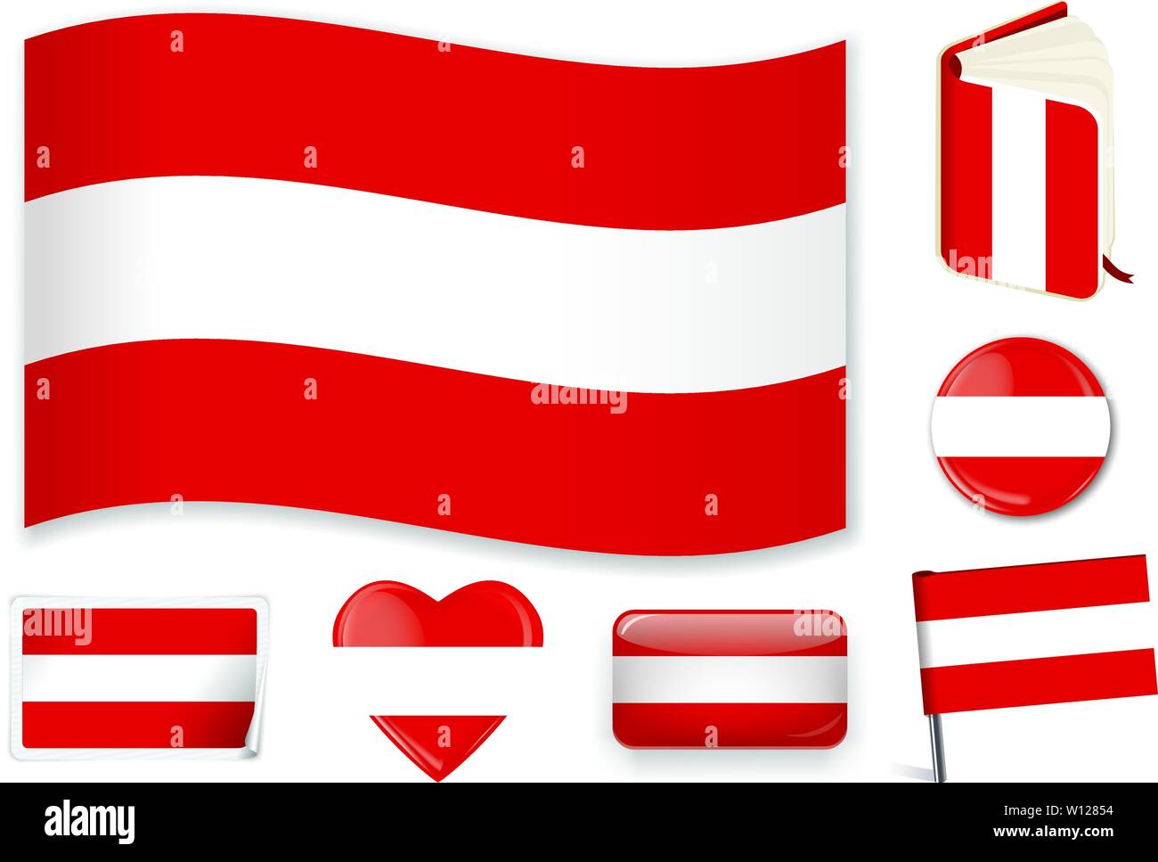 Austria. Austrian national flag in wave, book, circle, pin, button heart and sticker shapes Stock Vector