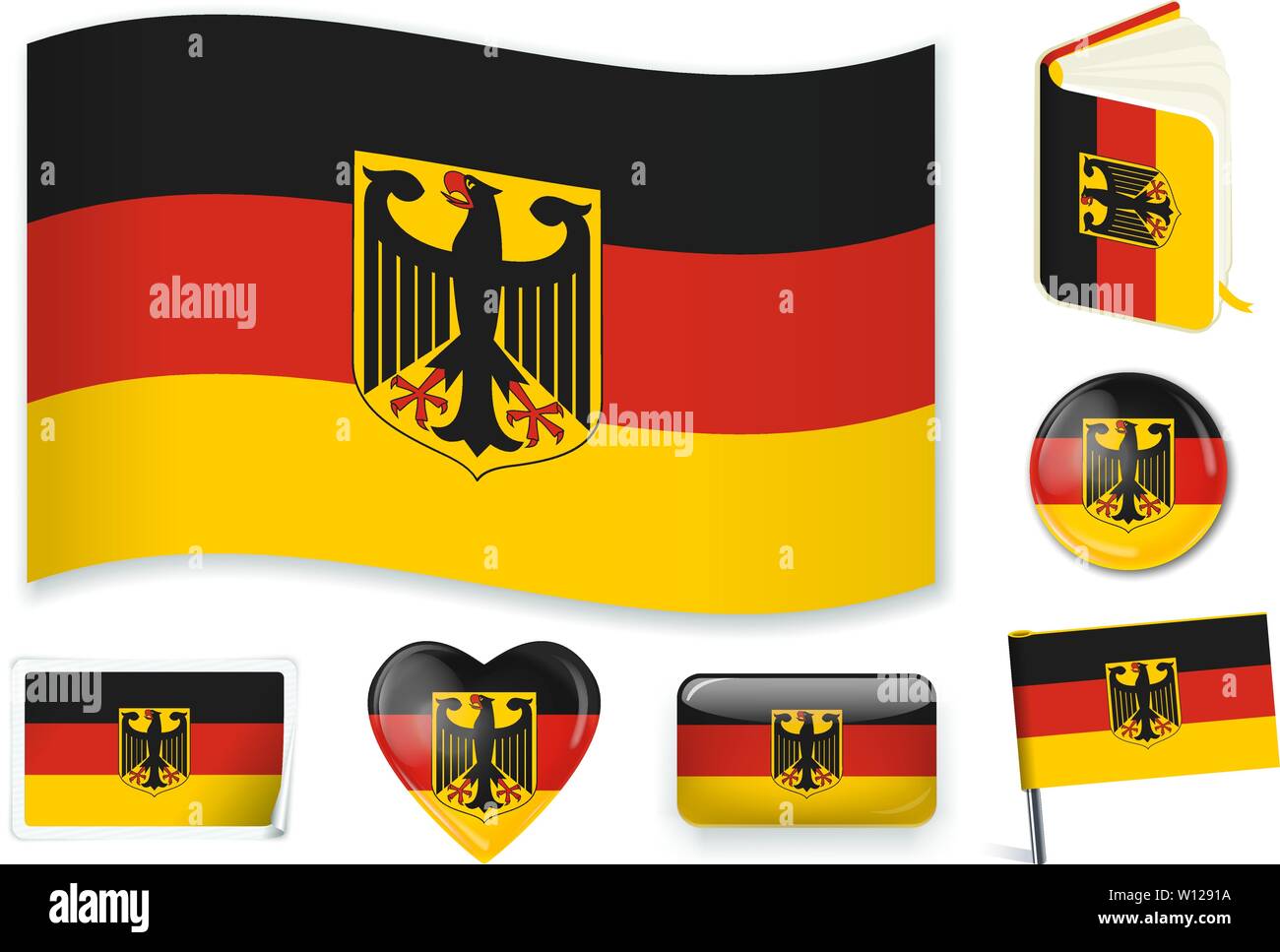 Germany. German national flag in wave, book, circle, pin, button heart