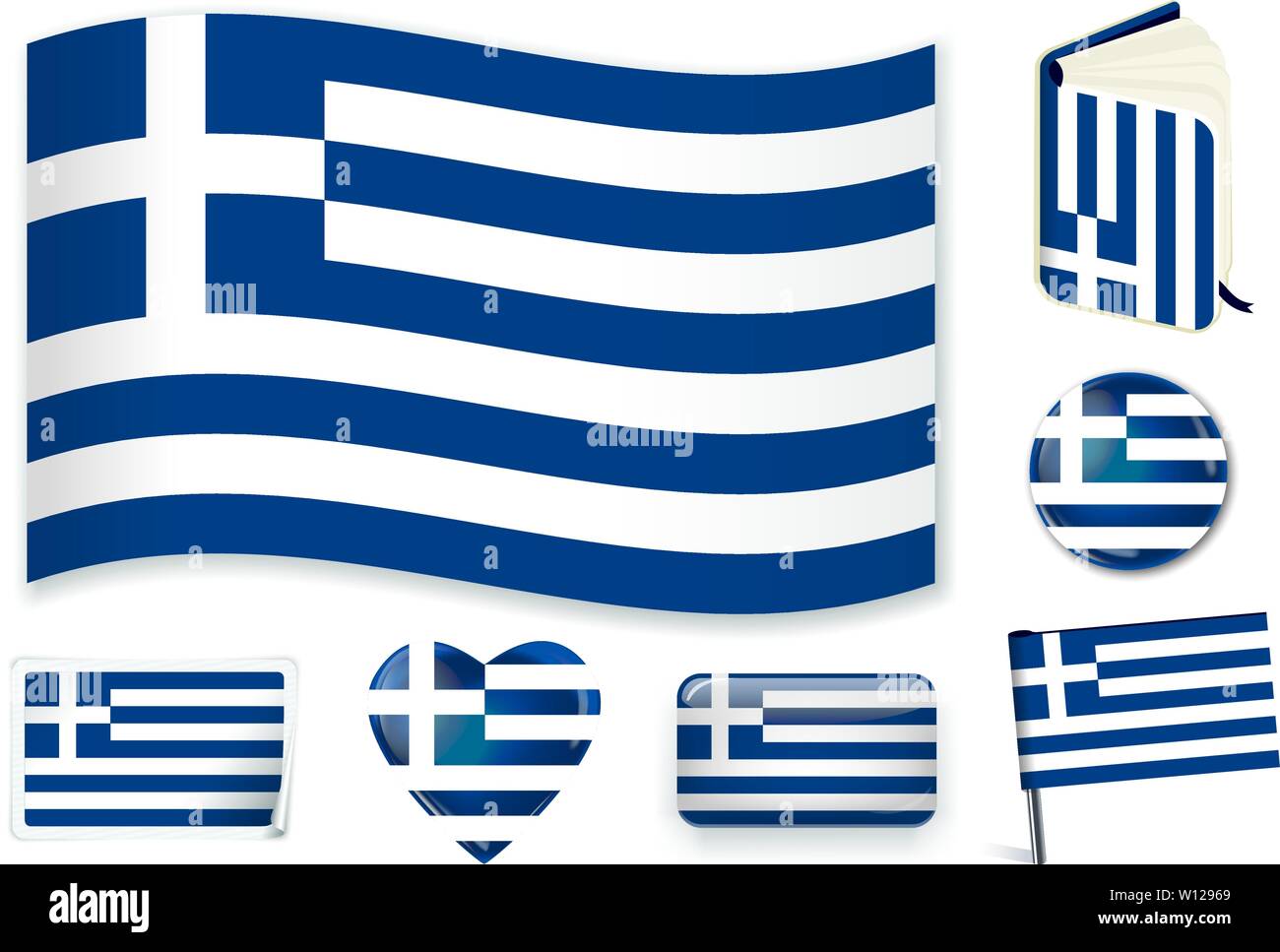 Greece. Greek national flag in wave, book, circle, pin, button heart and sticker shapes Stock Vector