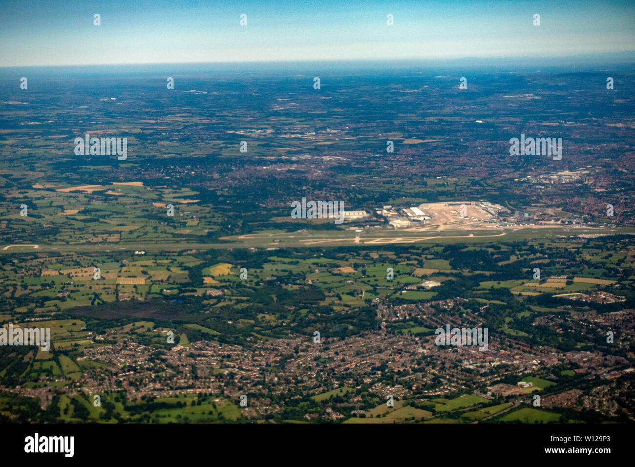 Aerial photograph of Manchester Airport from above with pilots viewpoint Stock Photo