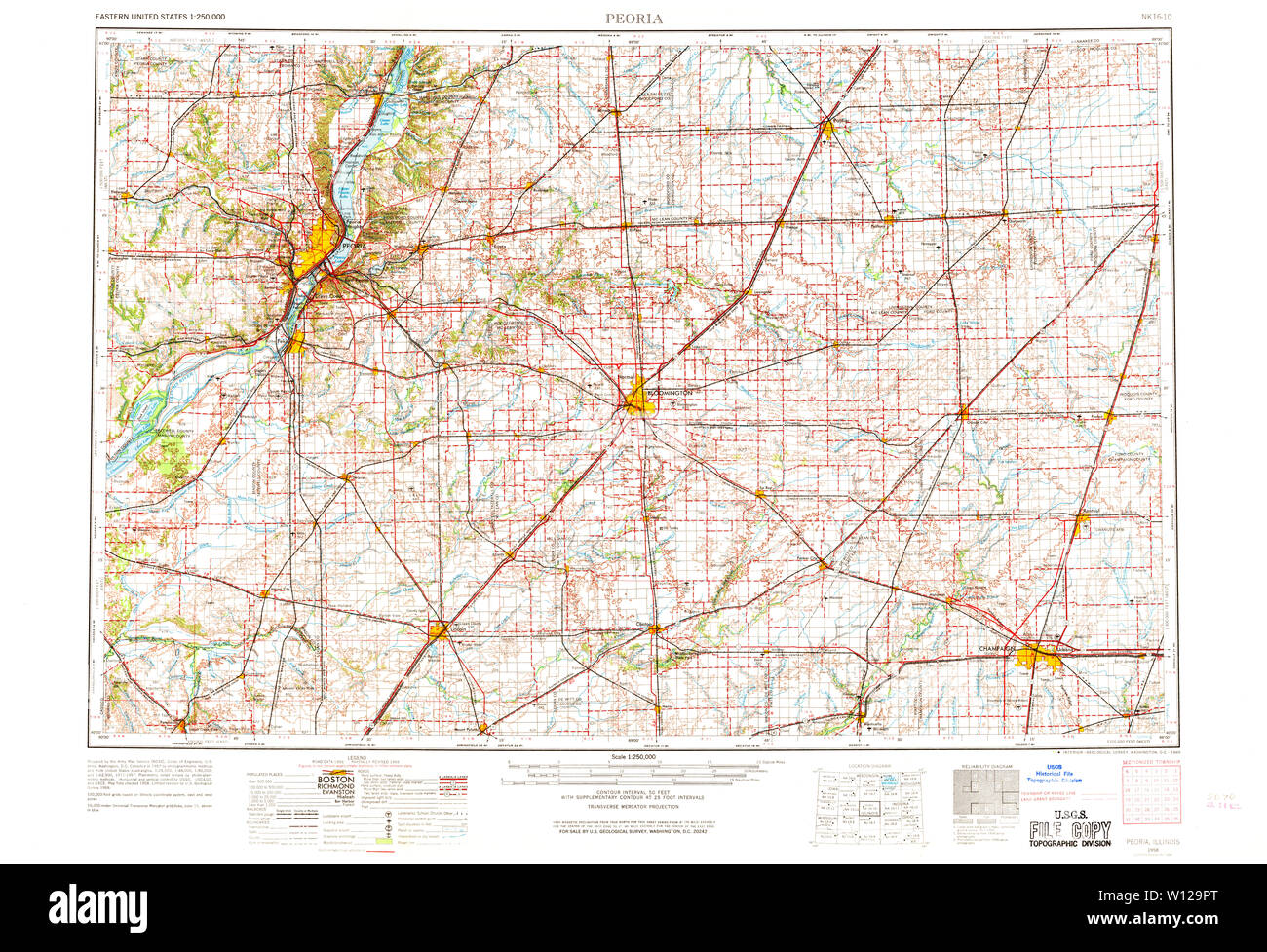 USGS TOPO Map Illinois IL Peoria 310170 1958 250000 Restoration Stock Photo