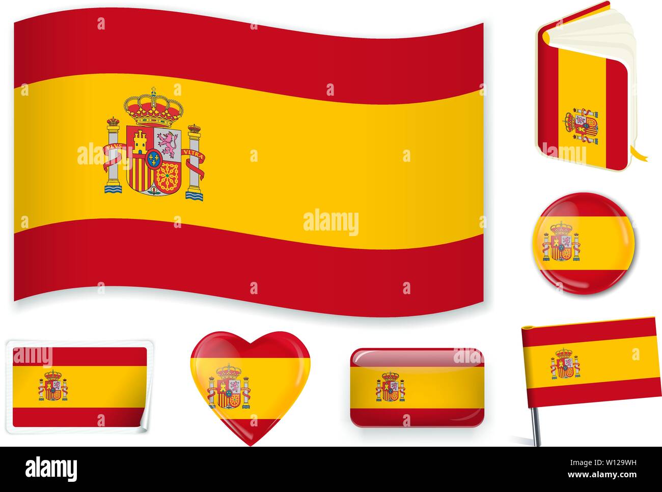 Spain. Spanish national flag in wave, book, circle, pin, button heart