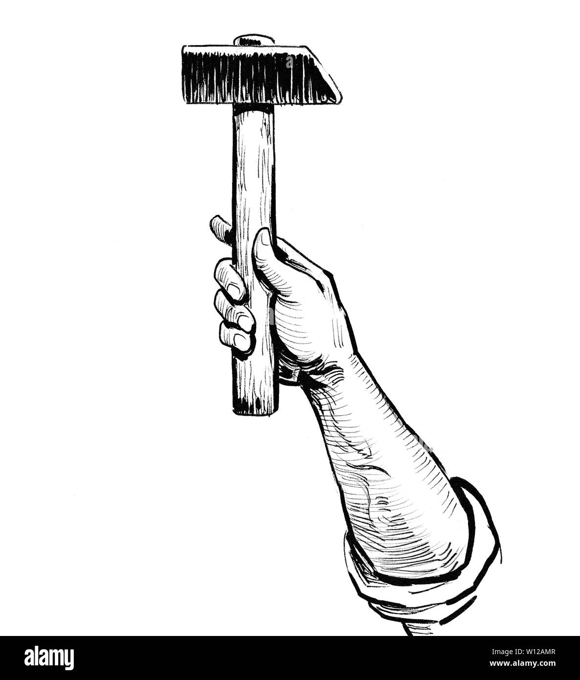Hand with hammer. Ink black and white drawing Stock Photo Alamy