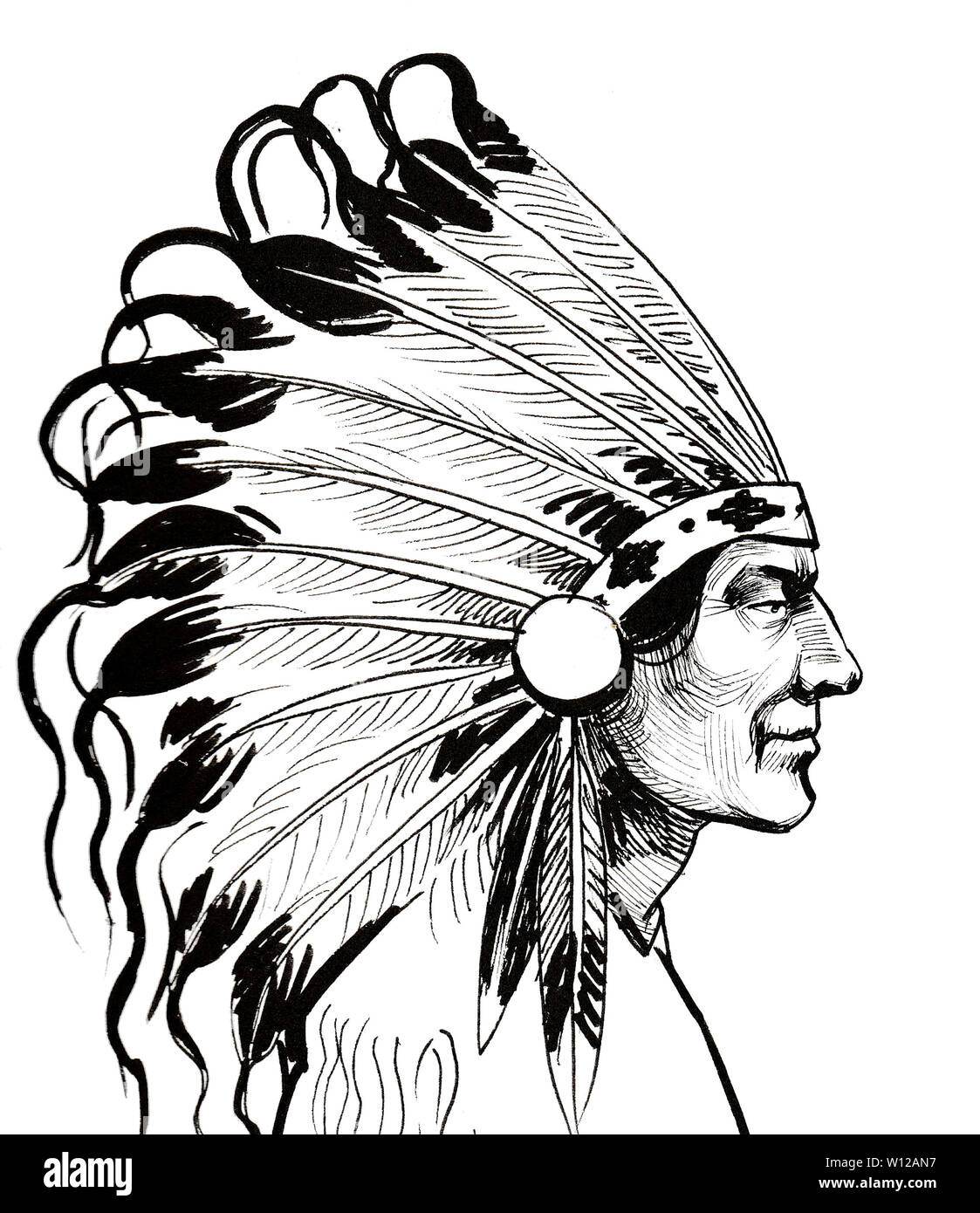 Native American chief. Ink black and white drawing Stock Photo