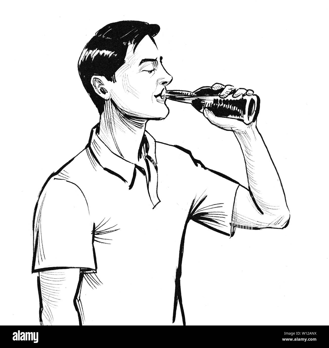 Man drinking beer from the bottle. Ink black and white drawing Stock