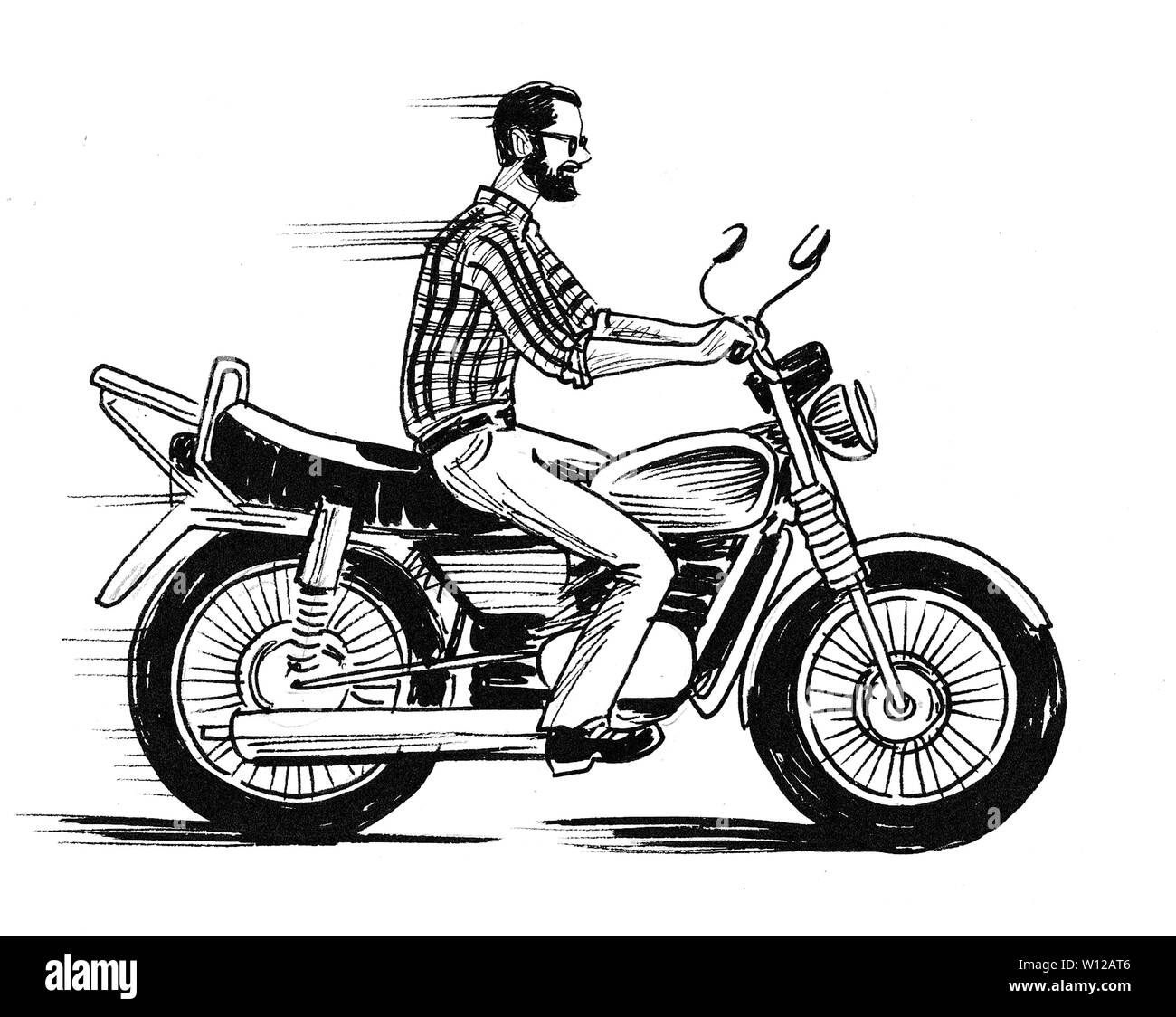 Young bearded man riding a motorcycle. Ink black and white drawing ...
