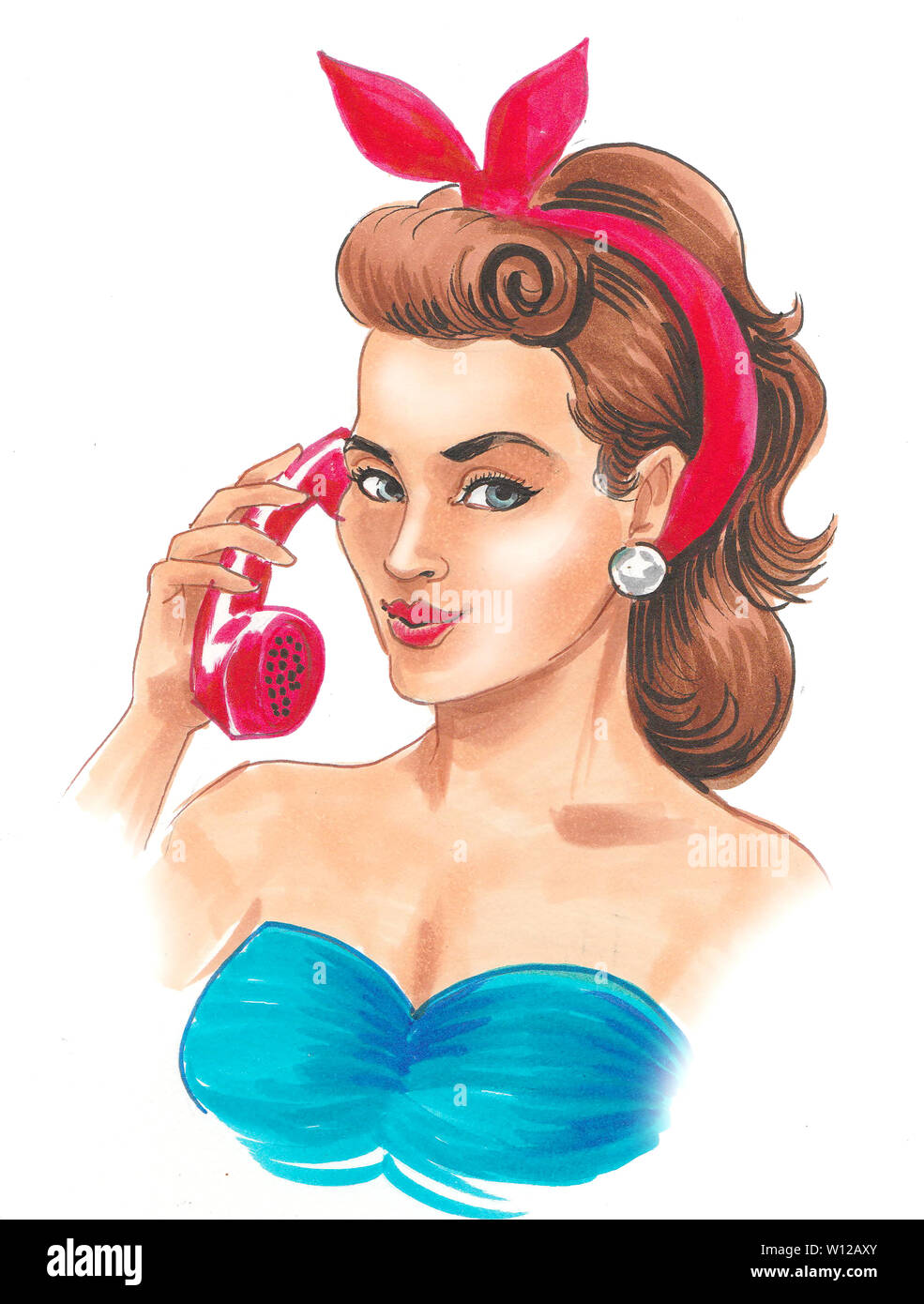 Pretty woman with a pin up styled hair talking over the red ...