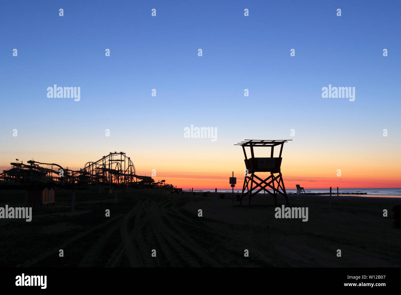 A lifeguard watchtower at Sunrise on the beach in Wildwood, New Jersey