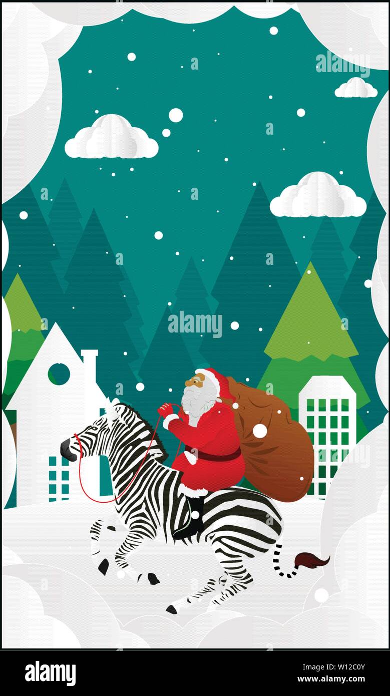 Merry Christmas and Happy New Year with Santa Claus and zebra Stock Vector