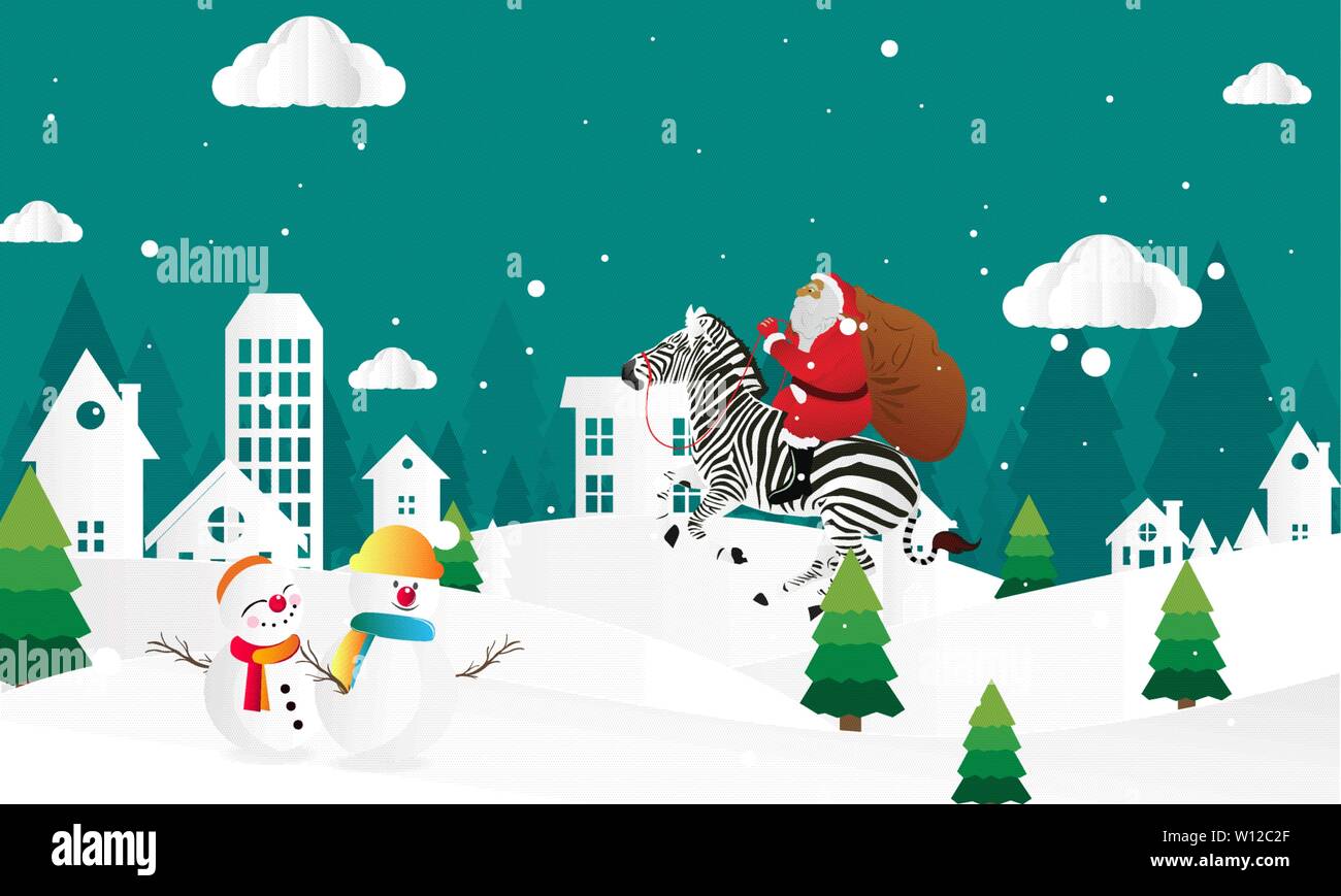 Merry Christmas and Happy New Year with Santa Claus and zebra Stock Vector