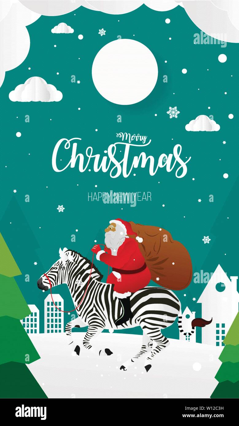 Merry Christmas and Happy New Year with Santa Claus and zebra Stock Vector