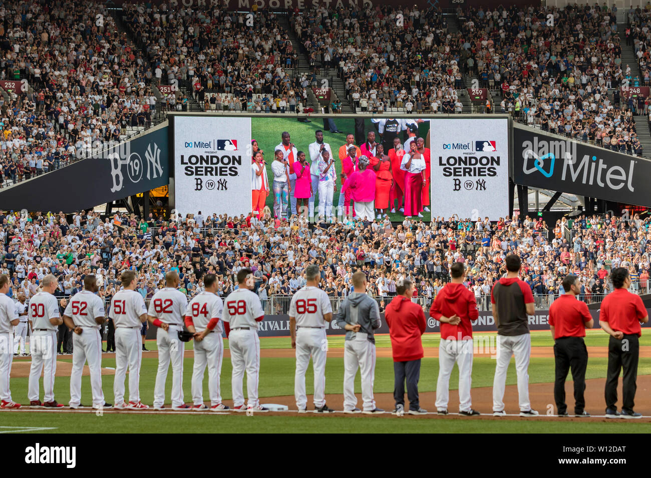 London Stadium, London, UK. 29th June, 2019. Mitel &amp; MLB Present London Series Baseball, Boston Red Sox versus New York Yankees; The Boston Red Sox during the national anthems before the game Credit: Action Plus Sports/Alamy Live News Stock Photo