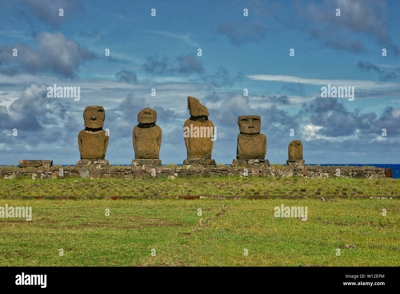 Moai at Tahai Ceremonial Complex, on Rapi Nui (Easter Island), Chile.  Rapa Nui National Park, and designated by UNESCO as a World Heritage site. Stock Photo