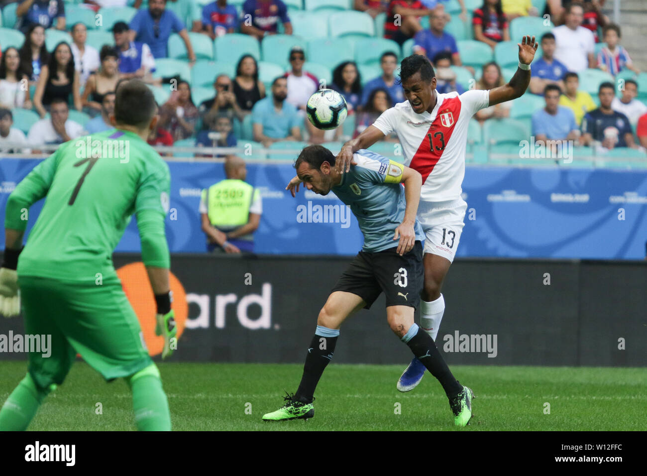 Salvador, Brazil. 29th June, 2019. Diego Godin and Renato Tapia, during a match between Uruguay and Peru, valid for the quarterfinals of the Copa América 2019, held this Saturday (29) at the Fonte Nova Arena in Salvador, Bahia, Brazil. Credit: Tiago Caldas/FotoArena/Alamy Live News Stock Photo
