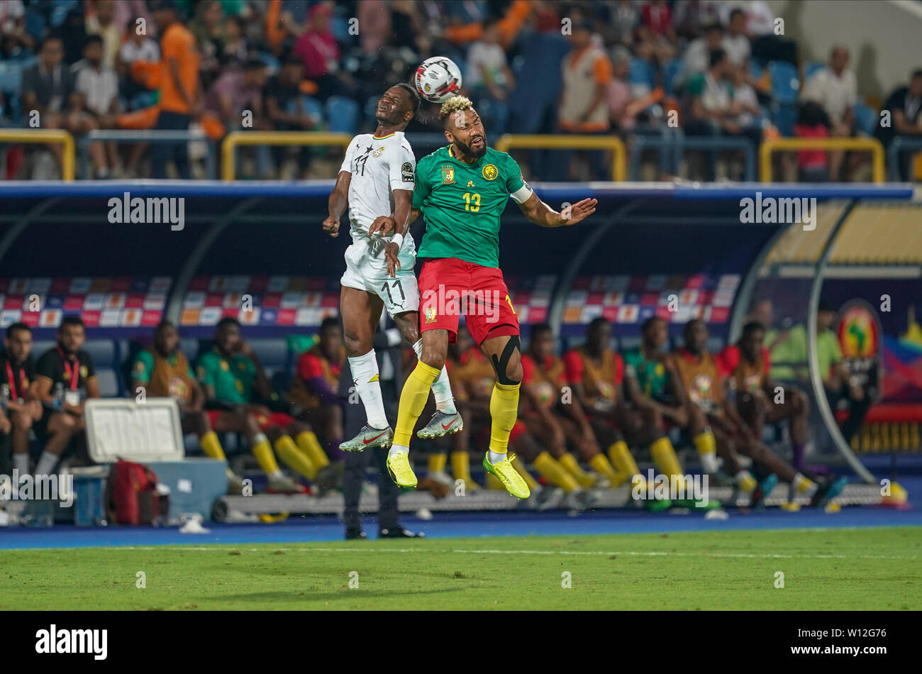 June 29, 2019: !c13! and Wakaso Mubarak of Ghana challenging for the ball during the 2019 African Cup of Nations match between Cameroon and Ghana at the Ismailia stadium in Ismailia, Egypt. Ulrik Pedersen/CSM. Stock Photo