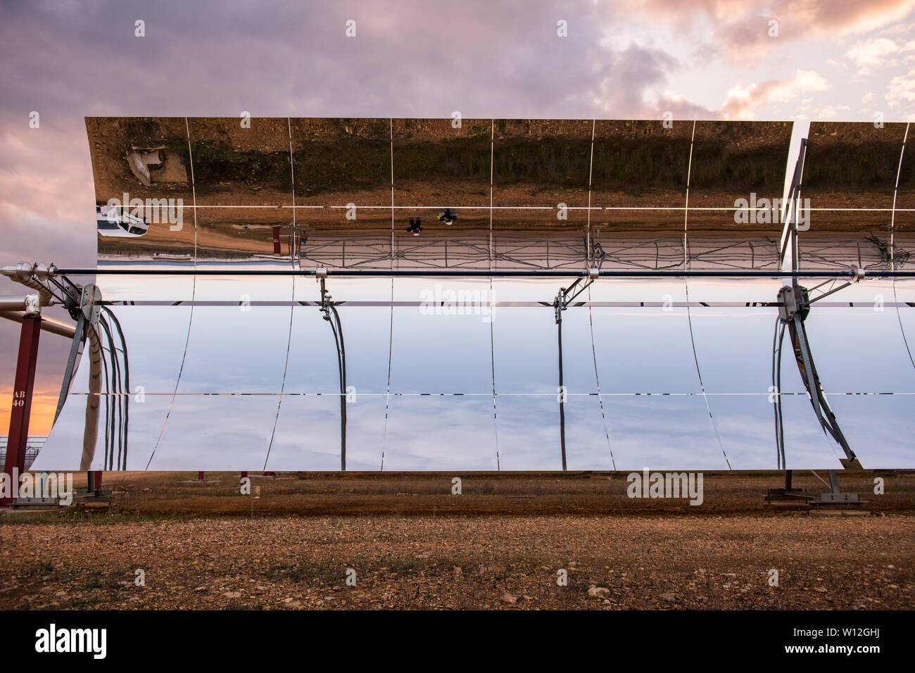 Logrosan, Extremadura, Spain - March 23, 2019: Detail of the concentrators and solar panels of the solar thermal power plant Solaben in Logrosan, Extr Stock Photo
