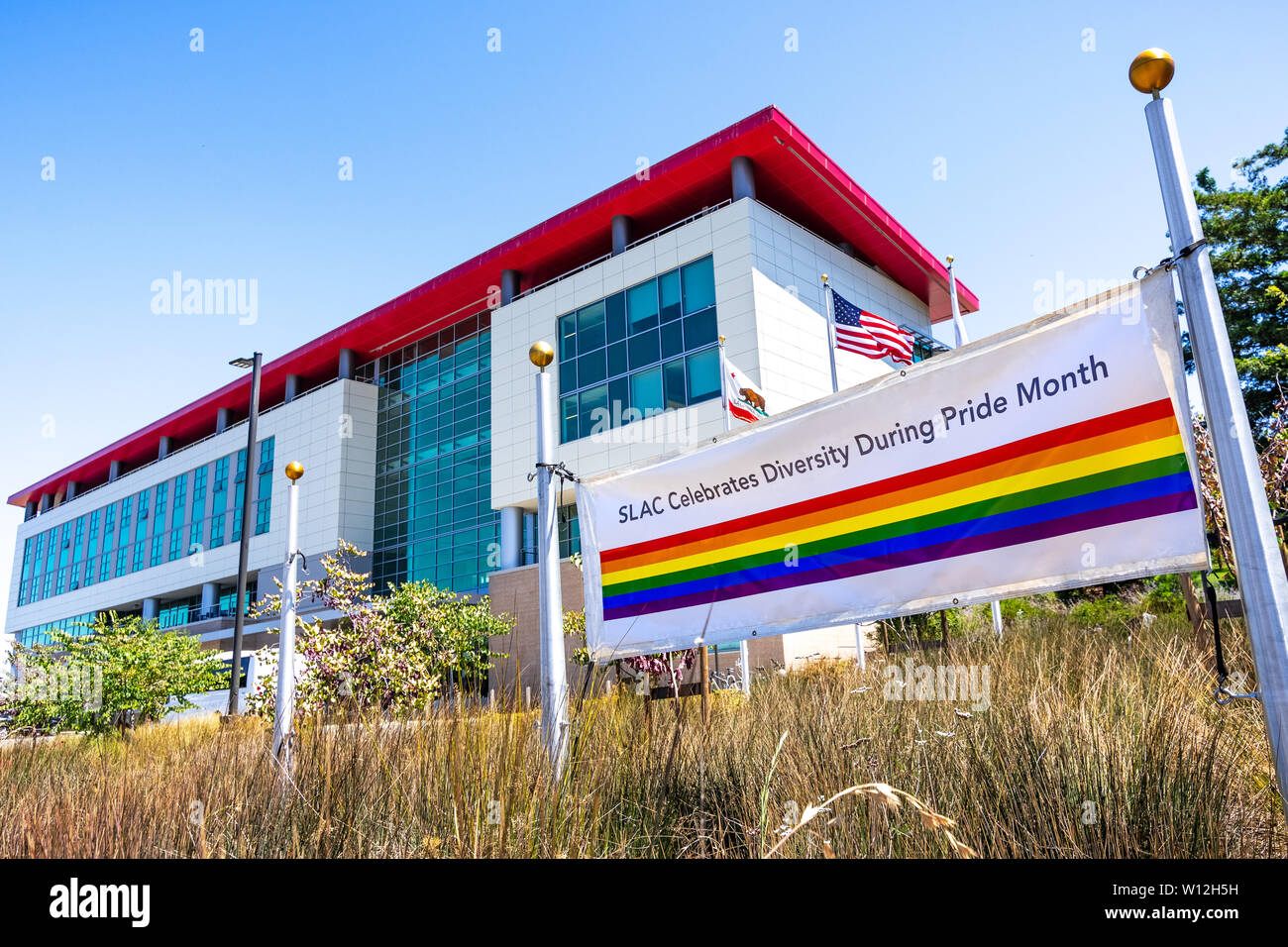 June 21, 2019 Menlo Park / CA / USA Pride Flag displayed near the
