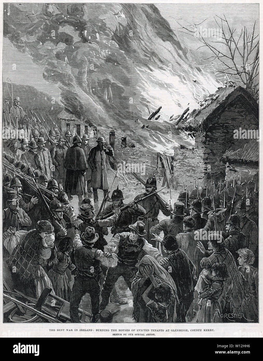 IRSH EVICTIONS during the Rent War. Burning the houses of evicted tenants in Glenbeigh, County Kerry, under the watch of Mr Roe, agent for estate owner Lord Headley Wynne in 1882 Stock Photo